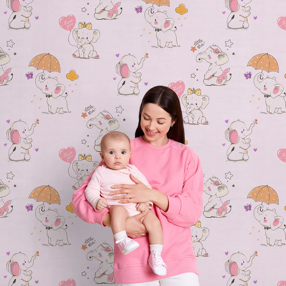 کاغذ دیواری کودک طرح فیل های کوچک | صورتی کد 12013