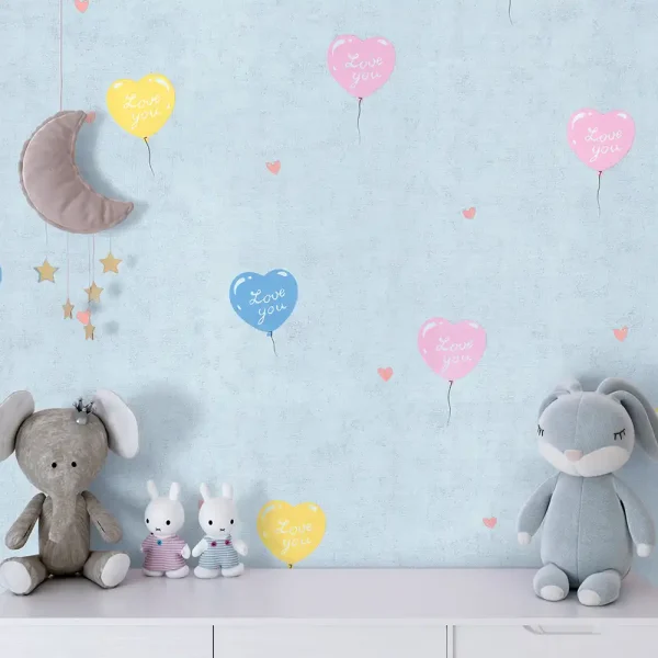 کاغذ دیواری کودک طرح بادکنک‌های قلبی | آبی کد 12003